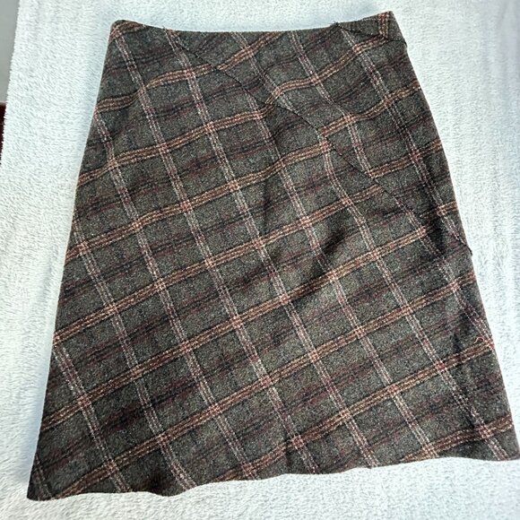 Kenzo Paris Womens Taupe Plaid Wool Blend Skirt Size 40 Flower Embossed Lined - Picture 2 of 10